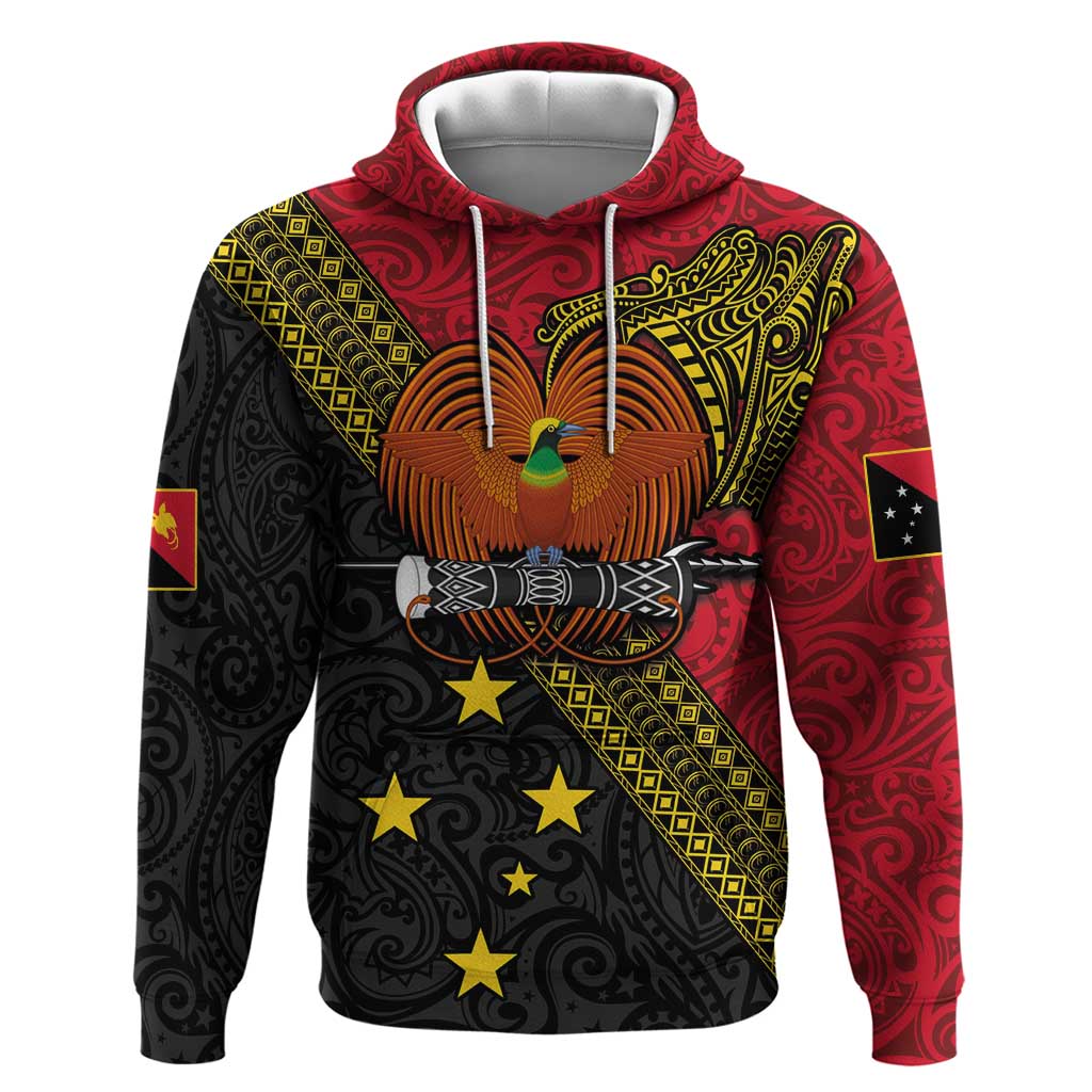 Papua New Guinea Goroka Show Hoodie Bird-of-paradise and Melanesian Tattoo Pattern LT03 Pullover Hoodie Red - Polynesian Pride