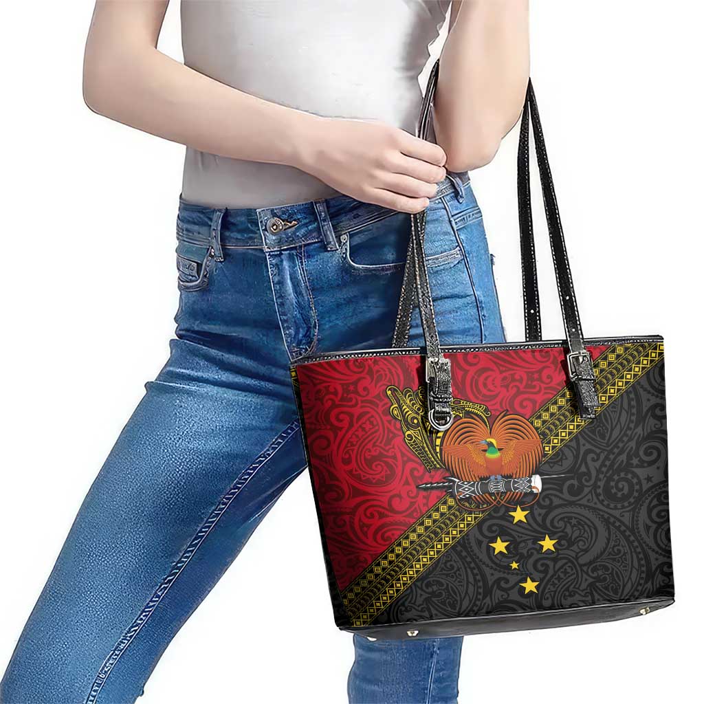 Papua new Guinea Goroka Show Leather Tote Bag Bird-of-paradise and Melanesian Tattoo Pattern
