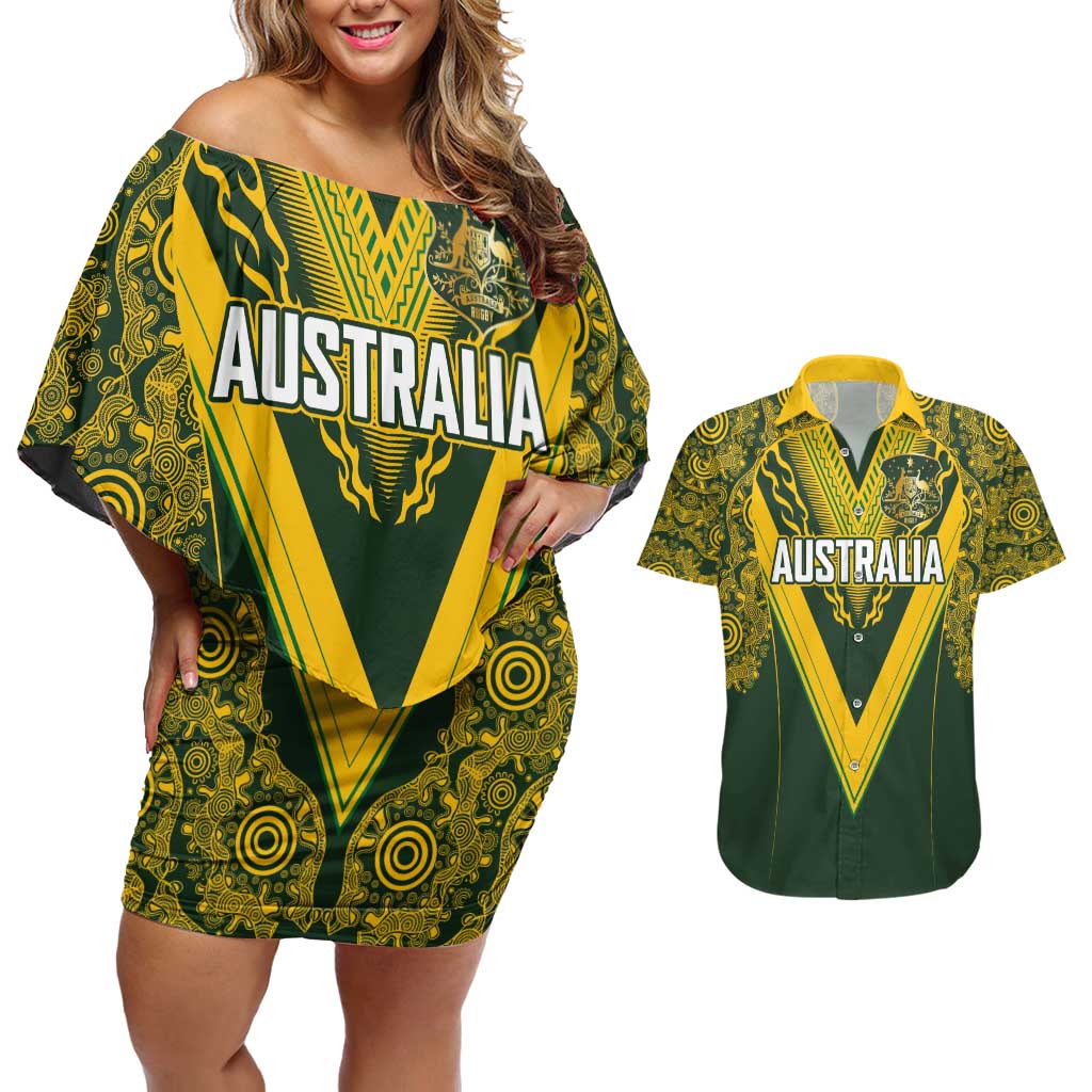 Australia Rugby Custom Couples Matching Off Shoulder Short Dress and Hawaiian Shirt Aboriginal Art Sporty Style - Polynesian Pride