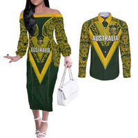 Australia Rugby Custom Couples Matching Off The Shoulder Long Sleeve Dress and Long Sleeve Button Shirt Aboriginal Art Sporty Style - Polynesian Pride