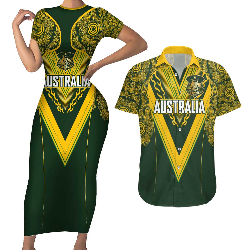 Australia Rugby Custom Couples Matching Short Sleeve Bodycon Dress and Hawaiian Shirt Aboriginal Art Sporty Style - Polynesian Pride
