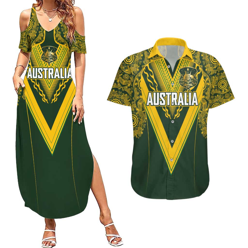 Australia Rugby Custom Couples Matching Summer Maxi Dress and Hawaiian Shirt Aboriginal Art Sporty Style - Polynesian Pride