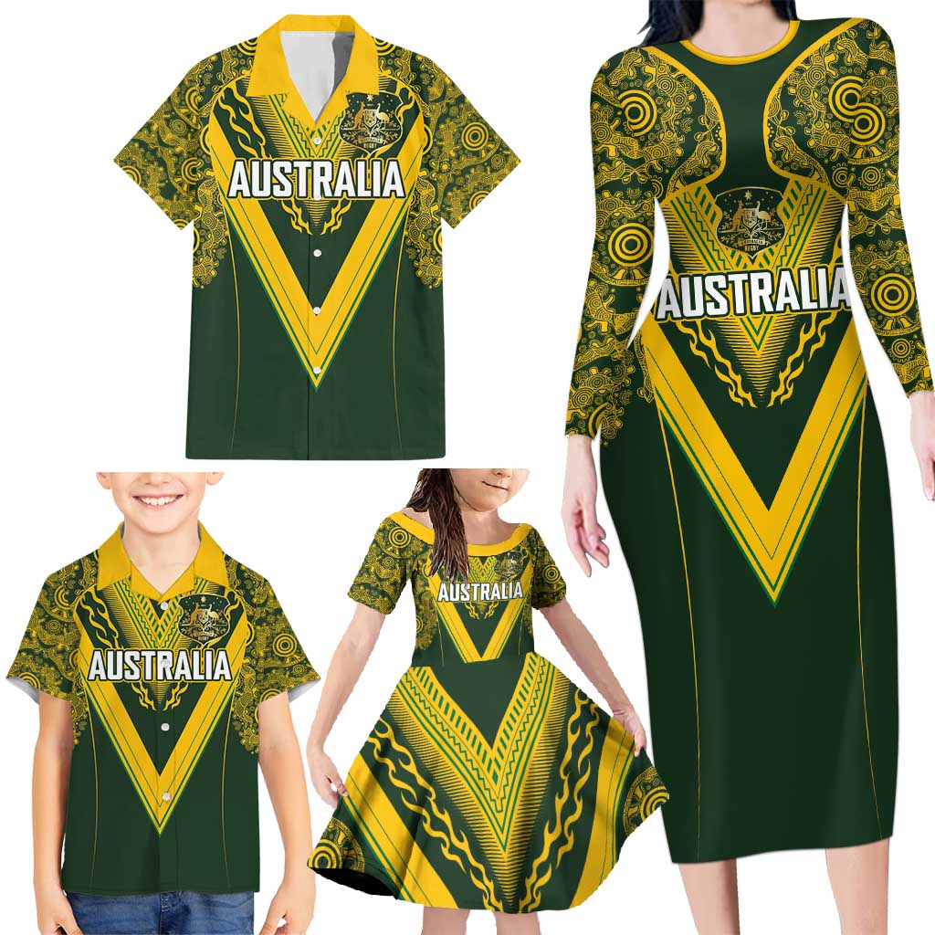Australia Rugby Custom Family Matching Long Sleeve Bodycon Dress and Hawaiian Shirt Aboriginal Art Sporty Style - Polynesian Pride