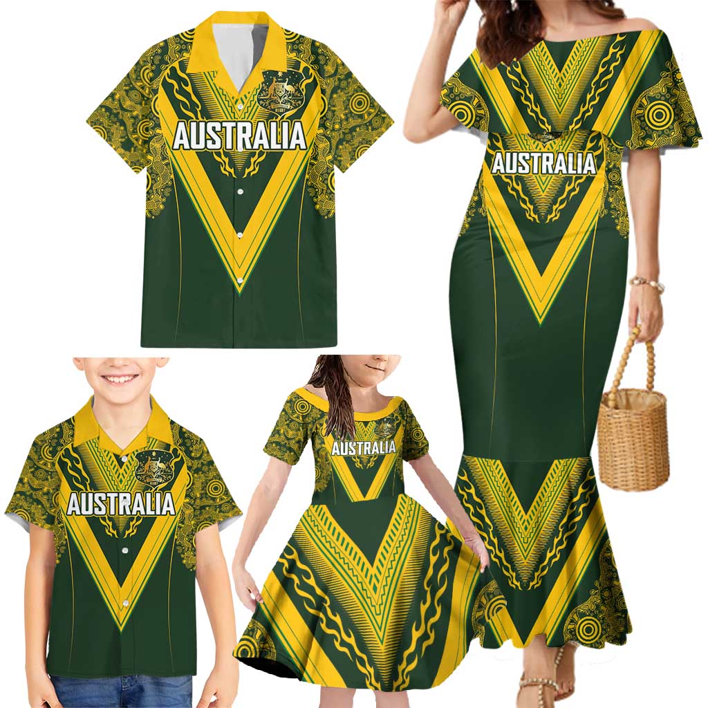 Australia Rugby Custom Family Matching Mermaid Dress and Hawaiian Shirt Aboriginal Art Sporty Style - Polynesian Pride