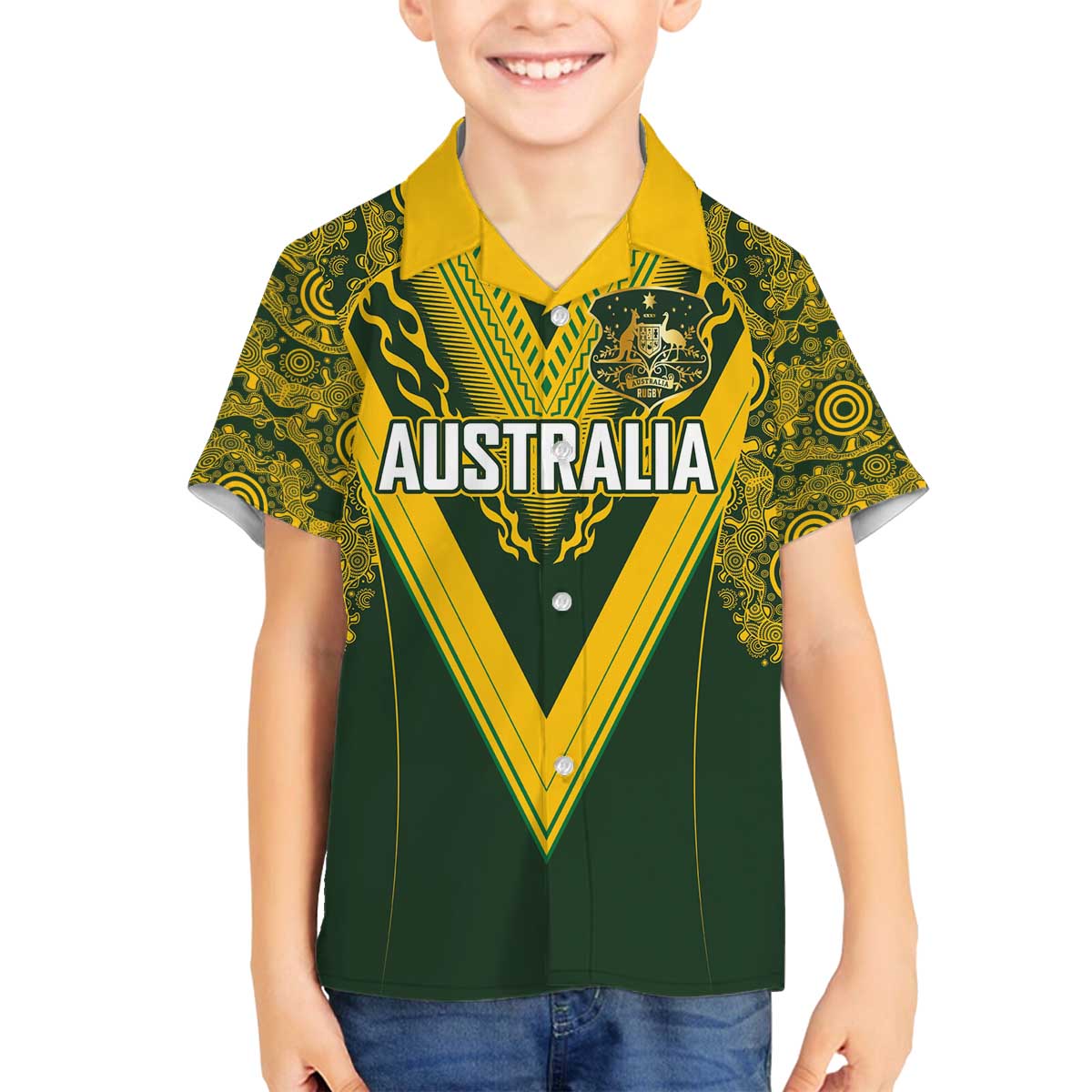 Australia Rugby Custom Family Matching Off The Shoulder Long Sleeve Dress and Hawaiian Shirt Aboriginal Art Sporty Style - Polynesian Pride