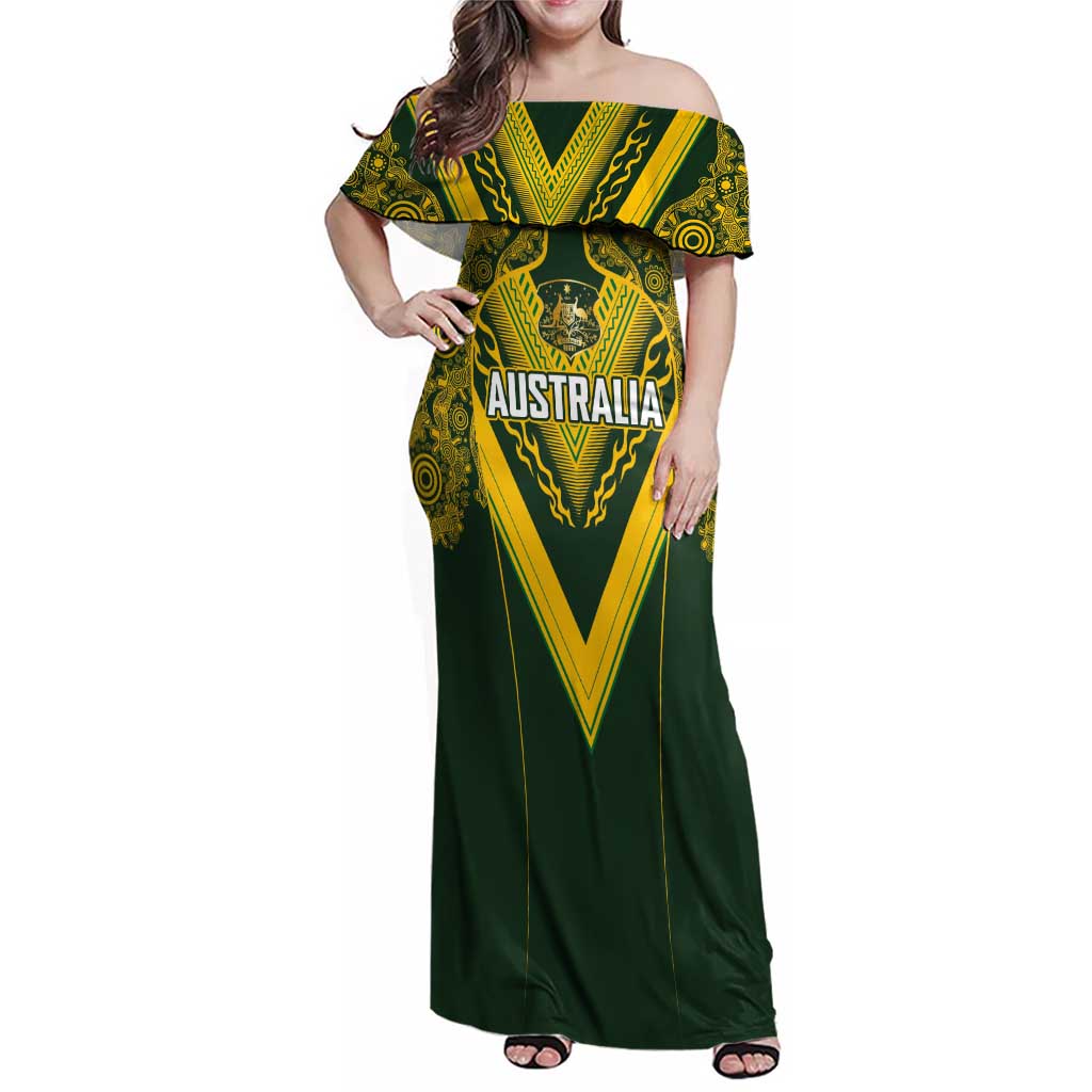 Australia Rugby Custom Family Matching Off Shoulder Maxi Dress and Hawaiian Shirt Aboriginal Art Sporty Style - Polynesian Pride