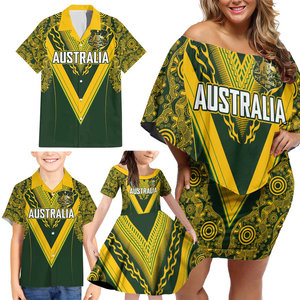 Australia Rugby Custom Family Matching Off Shoulder Short Dress and Hawaiian Shirt Aboriginal Art Sporty Style - Polynesian Pride