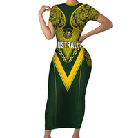 Australia Rugby Custom Family Matching Short Sleeve Bodycon Dress and Hawaiian Shirt Aboriginal Art Sporty Style - Polynesian Pride