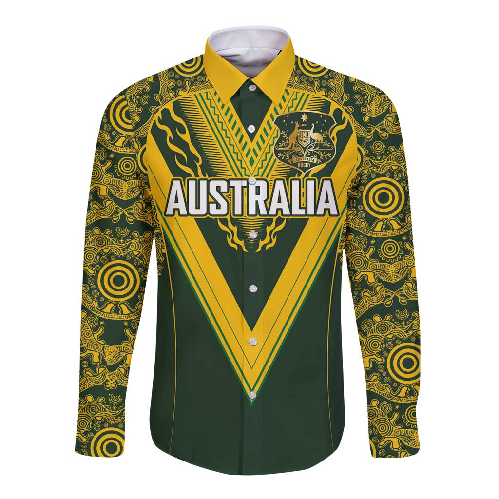 Australia Rugby Custom Long Sleeve Button Shirt Aboriginal Art Sporty Style - Polynesian Pride