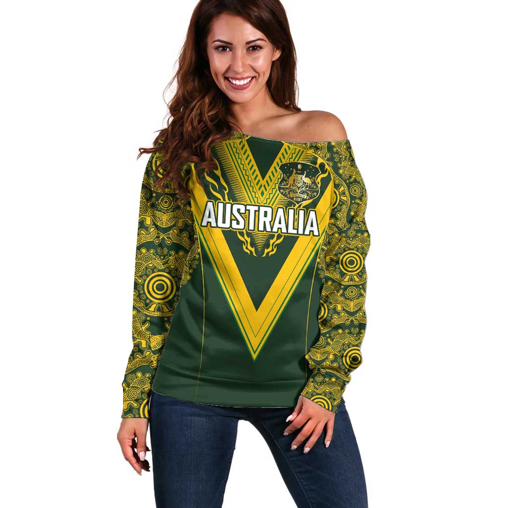 Australia Rugby Custom Off Shoulder Sweater Aboriginal Art Sporty Style - Polynesian Pride