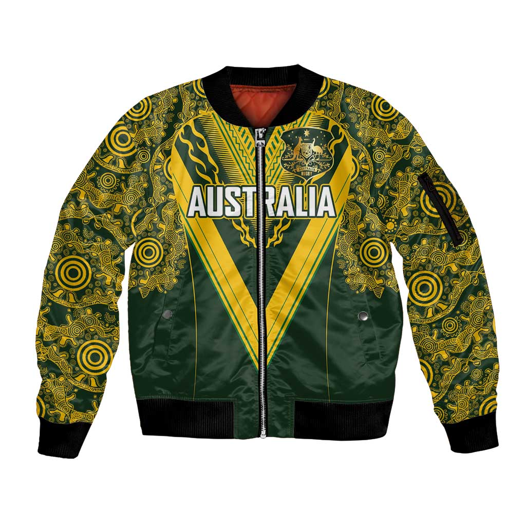 Australia Rugby Custom Sleeve Zip Bomber Jacket Aboriginal Art Sporty Style - Polynesian Pride