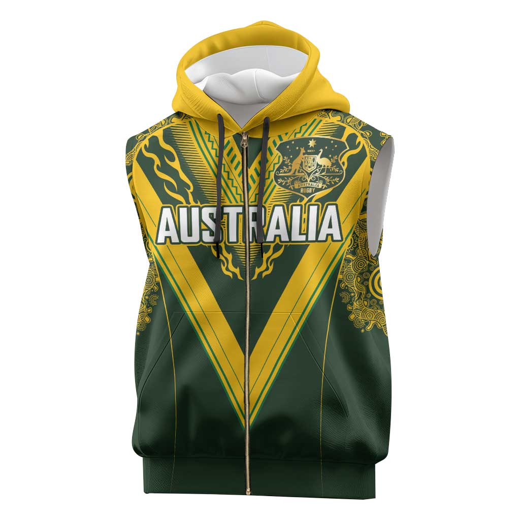Australia Rugby Custom Sleeveless Zip Hoodie Aboriginal Art Sporty Style - Polynesian Pride