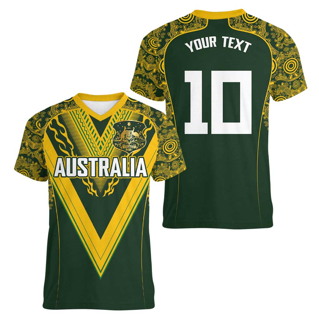 Australia Rugby Custom Women V-Neck T-Shirt Aboriginal Art Sporty Style - Polynesian Pride