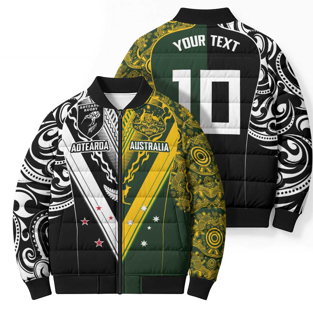 Aotearoa Australia Rugby Custom Bomber Puffer Jacket Maori and Aboriginal Art Sporty Style - Polynesian Pride