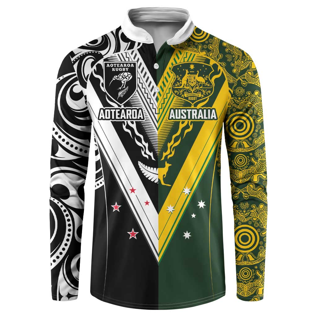 Aotearoa Australia Rugby Custom Button Sweatshirt Maori and Aboriginal Art Sporty Style - Polynesian Pride