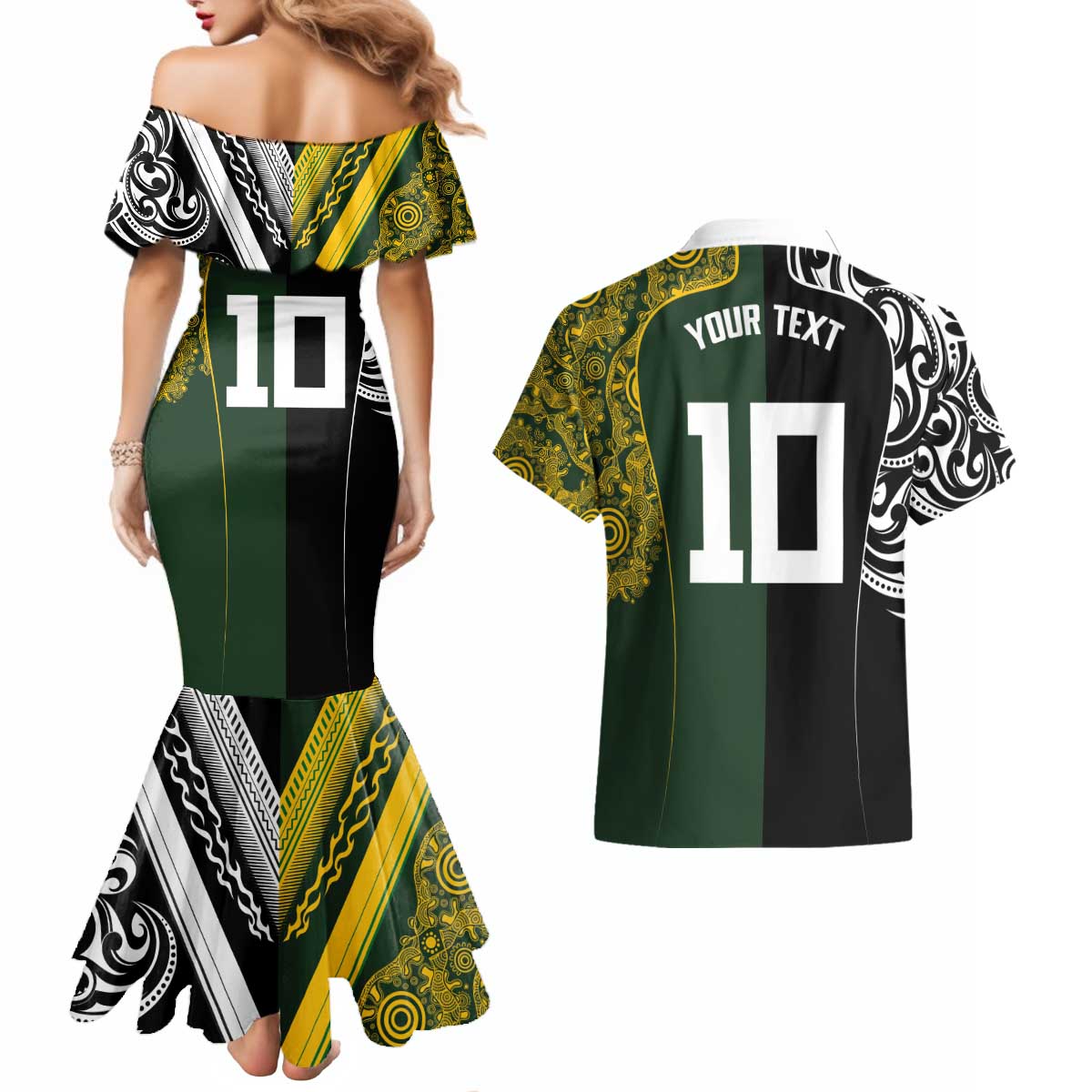 Aotearoa Australia Rugby Custom Couples Matching Mermaid Dress and Hawaiian Shirt Maori and Aboriginal Art Sporty Style - Polynesian Pride