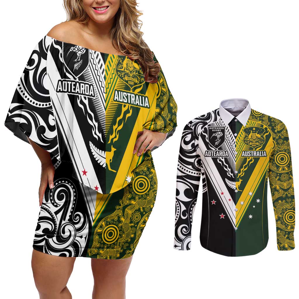 Aotearoa Australia Rugby Custom Couples Matching Off Shoulder Short Dress and Long Sleeve Button Shirt Maori and Aboriginal Art Sporty Style - Polynesian Pride