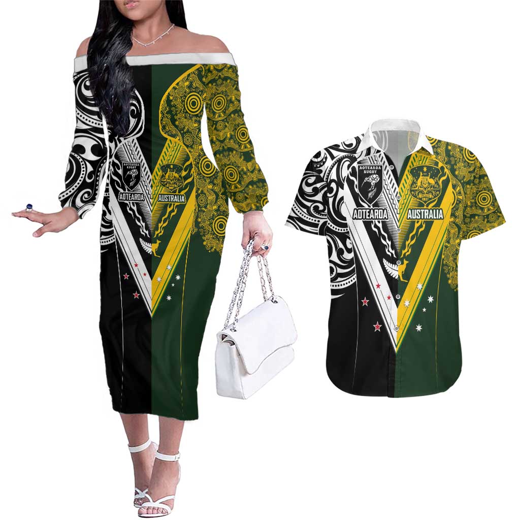 Aotearoa Australia Rugby Custom Couples Matching Off The Shoulder Long Sleeve Dress and Hawaiian Shirt Maori and Aboriginal Art Sporty Style - Polynesian Pride