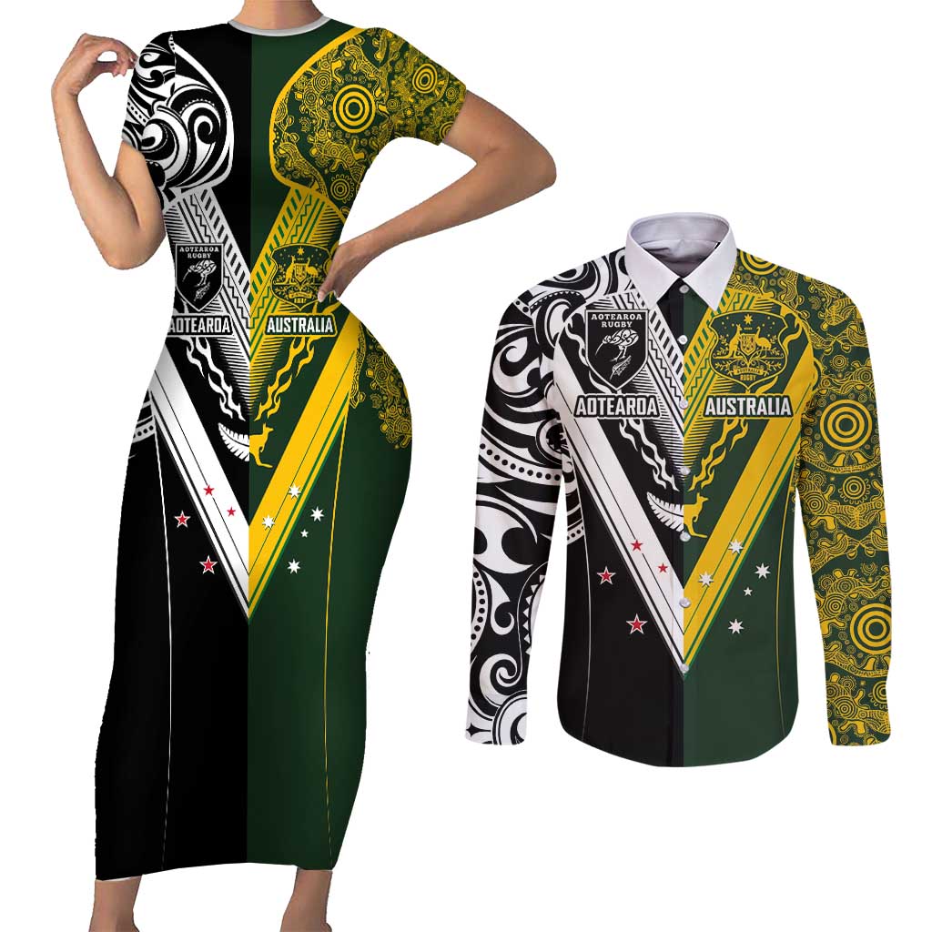 Aotearoa Australia Rugby Custom Couples Matching Short Sleeve Bodycon Dress and Long Sleeve Button Shirt Maori and Aboriginal Art Sporty Style - Polynesian Pride