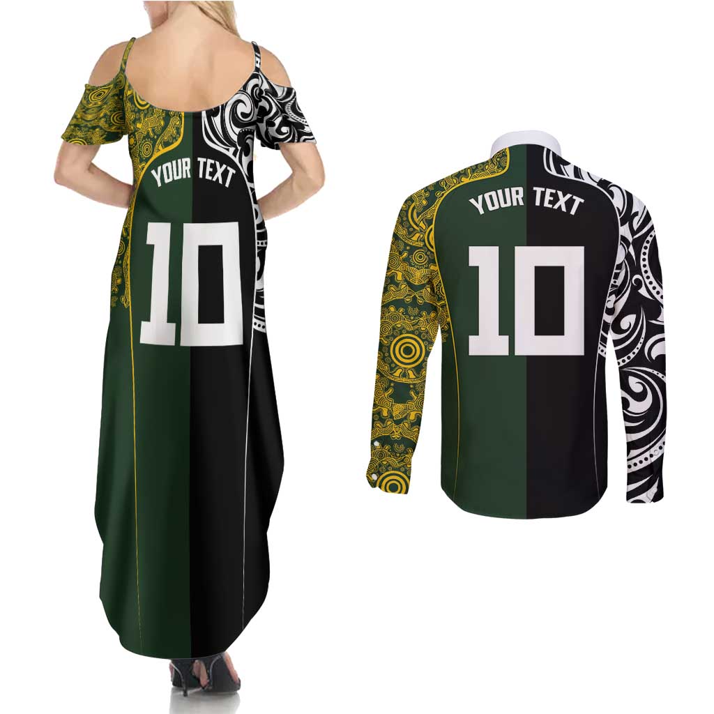 Aotearoa Australia Rugby Custom Couples Matching Summer Maxi Dress and Long Sleeve Button Shirt Maori and Aboriginal Art Sporty Style - Polynesian Pride