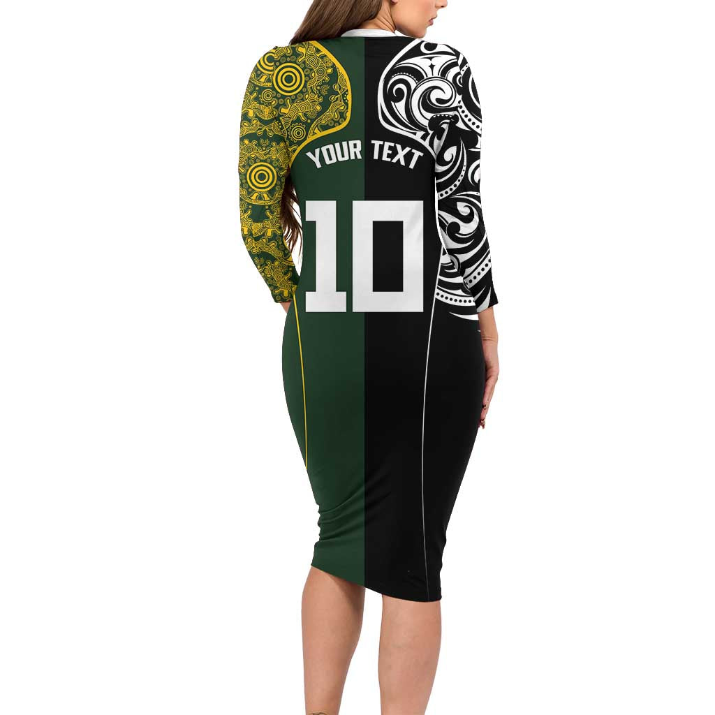Aotearoa Australia Rugby Custom Family Matching Long Sleeve Bodycon Dress and Hawaiian Shirt Maori and Aboriginal Art Sporty Style - Polynesian Pride