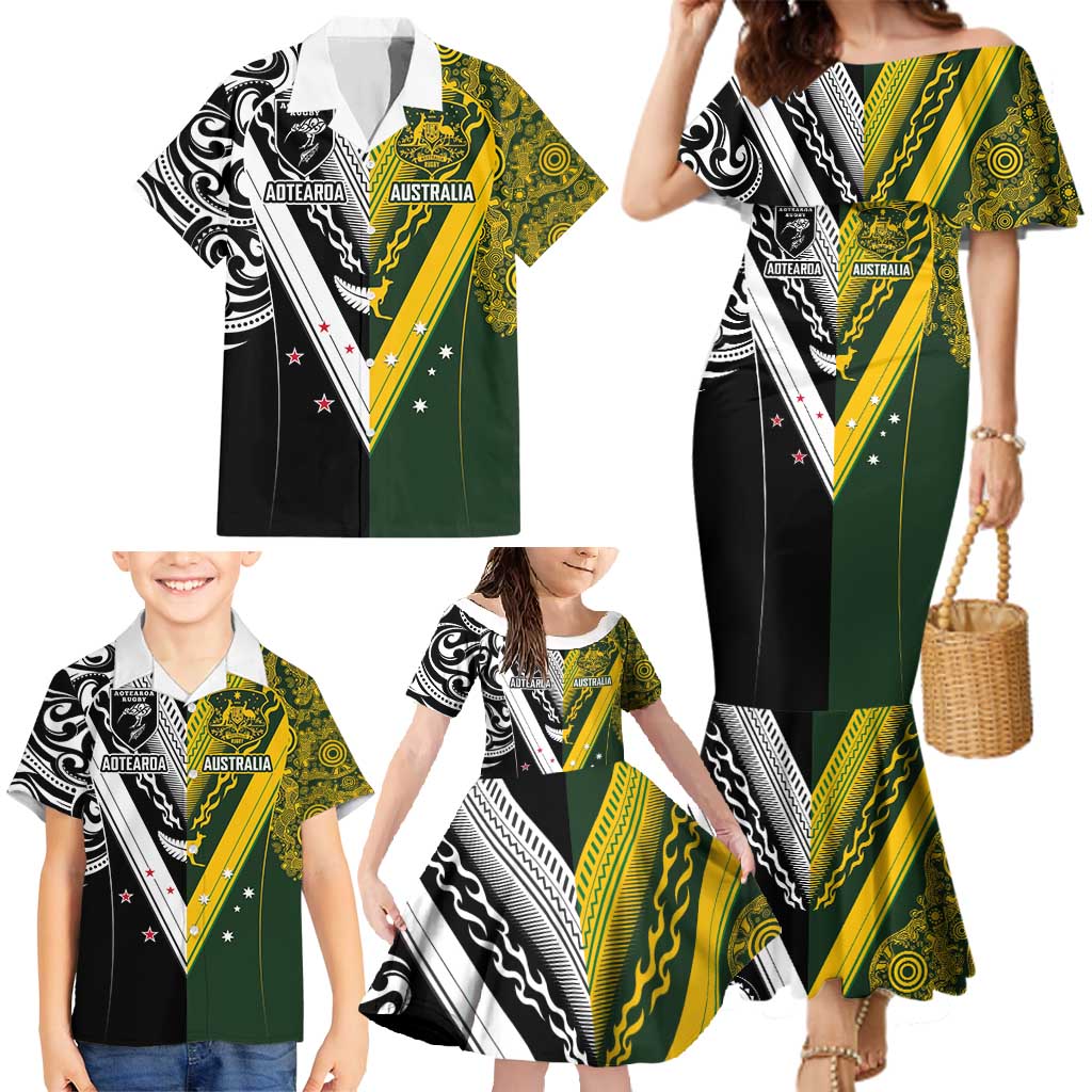 Aotearoa Australia Rugby Custom Family Matching Mermaid Dress and Hawaiian Shirt Maori and Aboriginal Art Sporty Style - Polynesian Pride