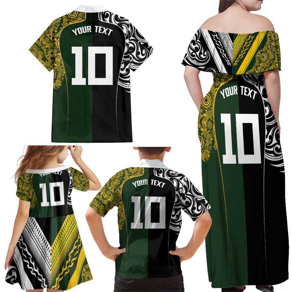 Aotearoa Australia Rugby Custom Family Matching Off Shoulder Maxi Dress and Hawaiian Shirt Maori and Aboriginal Art Sporty Style - Polynesian Pride