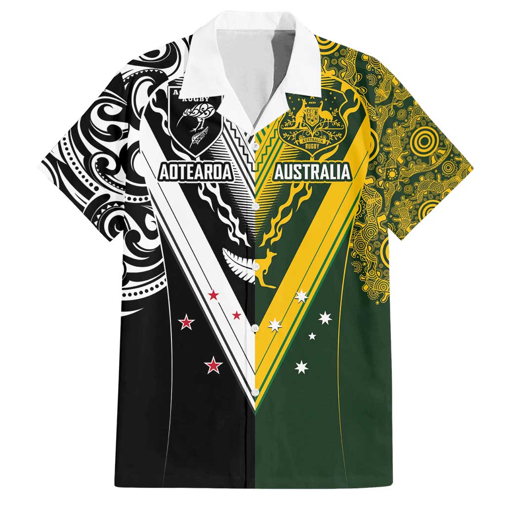Aotearoa Australia Rugby Custom Family Matching Off Shoulder Maxi Dress and Hawaiian Shirt Maori and Aboriginal Art Sporty Style - Polynesian Pride