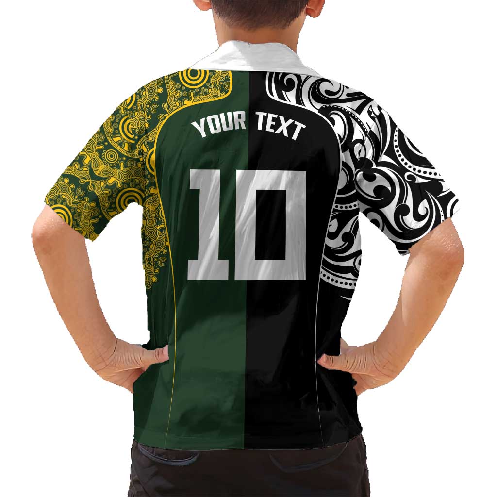 Aotearoa Australia Rugby Custom Family Matching Off Shoulder Short Dress and Hawaiian Shirt Maori and Aboriginal Art Sporty Style - Polynesian Pride