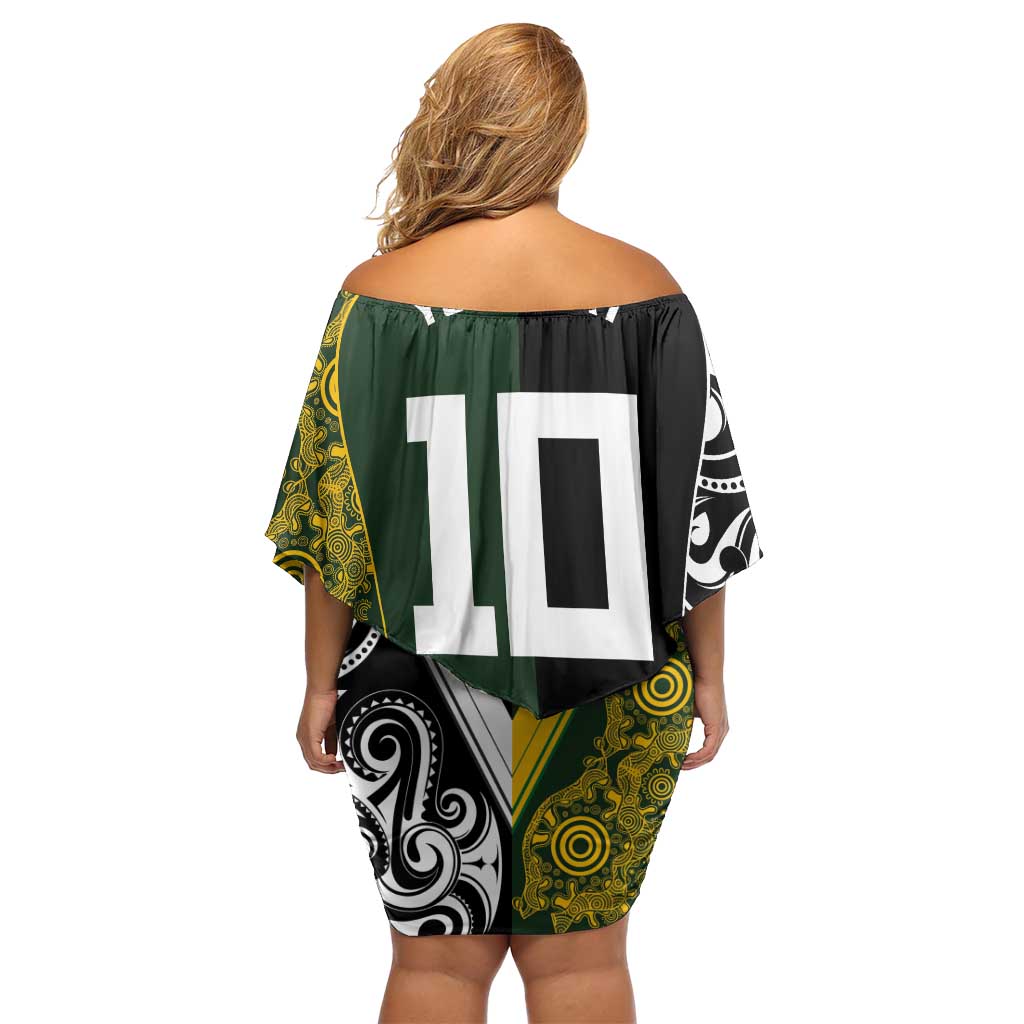 Aotearoa Australia Rugby Custom Family Matching Off Shoulder Short Dress and Hawaiian Shirt Maori and Aboriginal Art Sporty Style - Polynesian Pride