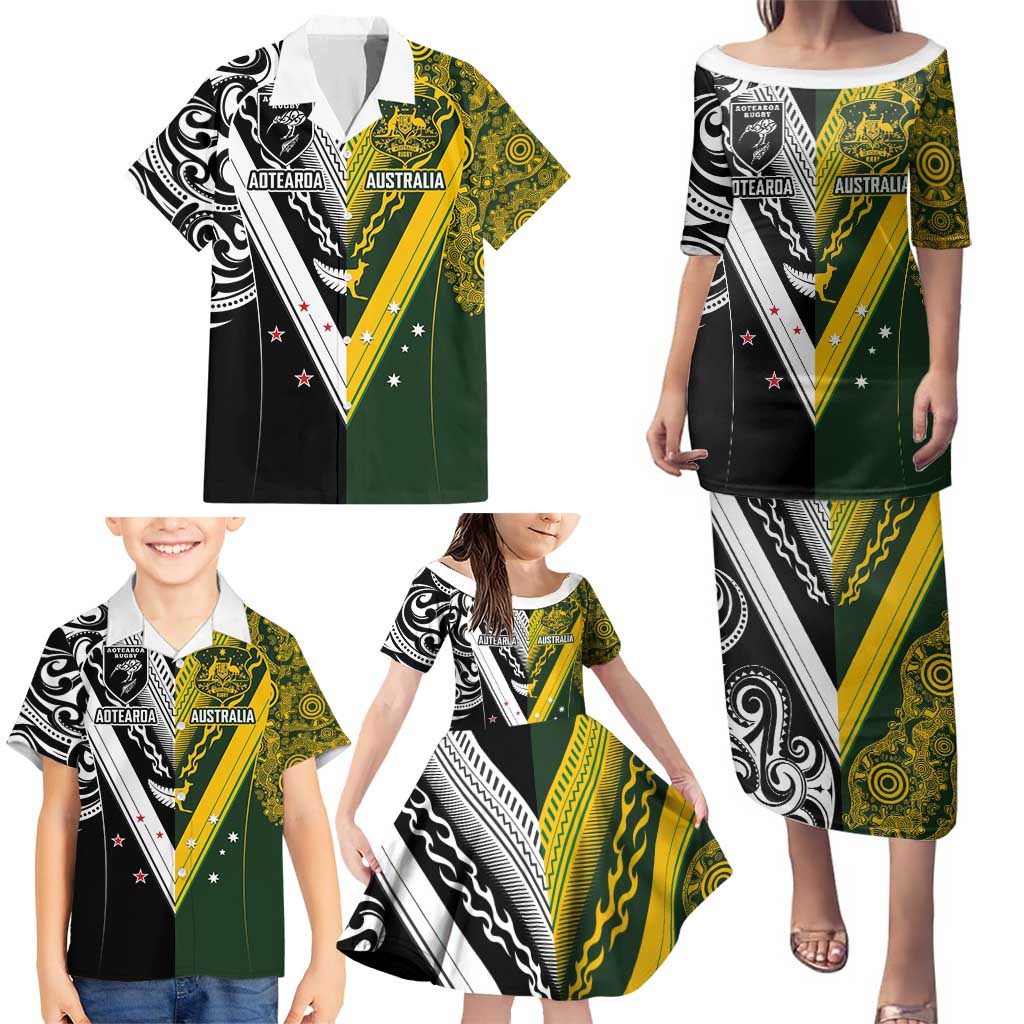 Aotearoa Australia Rugby Custom Family Matching Puletasi and Hawaiian Shirt Maori and Aboriginal Art Sporty Style - Polynesian Pride
