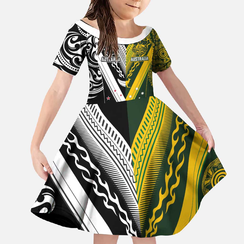 Aotearoa Australia Rugby Custom Family Matching Short Sleeve Bodycon Dress and Hawaiian Shirt Maori and Aboriginal Art Sporty Style - Polynesian Pride
