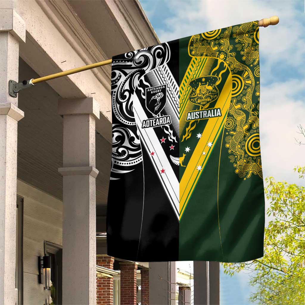 Aotearoa Australia Rugby Garden Flag Maori and Aboriginal Art Sporty Style - Polynesian Pride