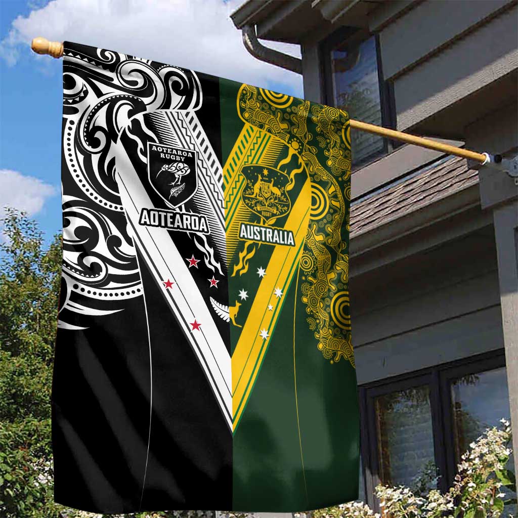 Aotearoa Australia Rugby Garden Flag Maori and Aboriginal Art Sporty Style - Polynesian Pride