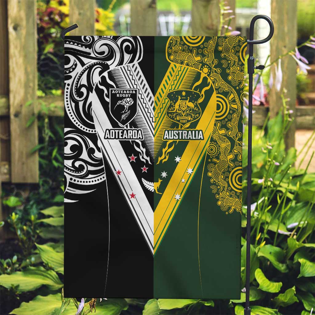 Aotearoa Australia Rugby Garden Flag Maori and Aboriginal Art Sporty Style - Polynesian Pride