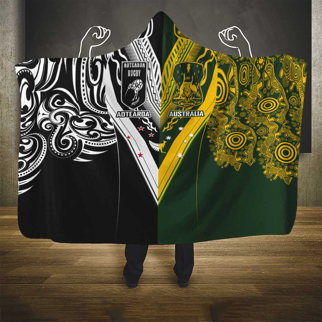 Aotearoa Australia Rugby Hooded Blanket Maori and Aboriginal Art Sporty Style - Polynesian Pride