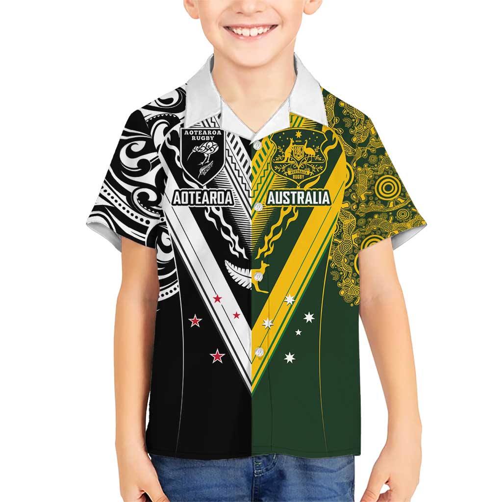 Aotearoa Australia Rugby Custom Kid Hawaiian Shirt Maori and Aboriginal Art Sporty Style - Polynesian Pride