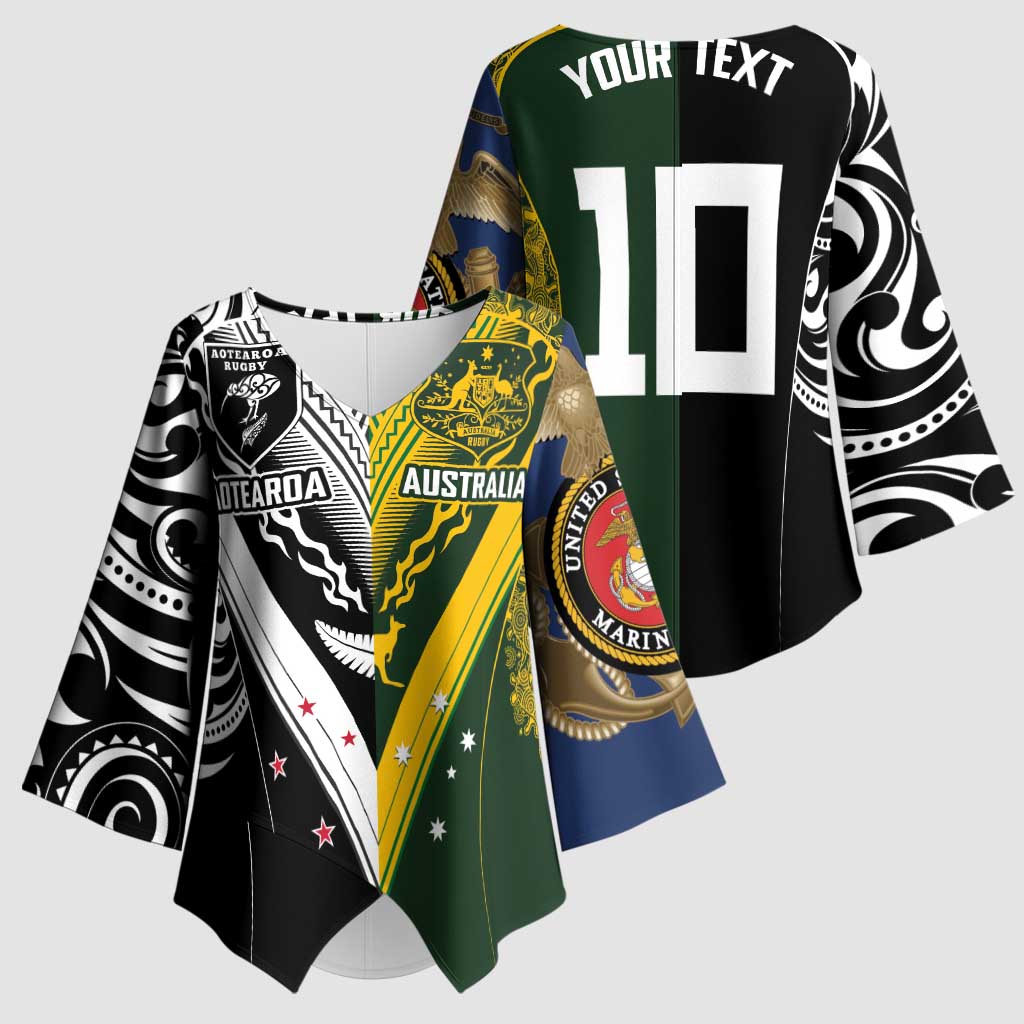 Aotearoa Australia Rugby Custom Kimono Sleeve Blouse Maori and Aboriginal Art Sporty Style - Polynesian Pride
