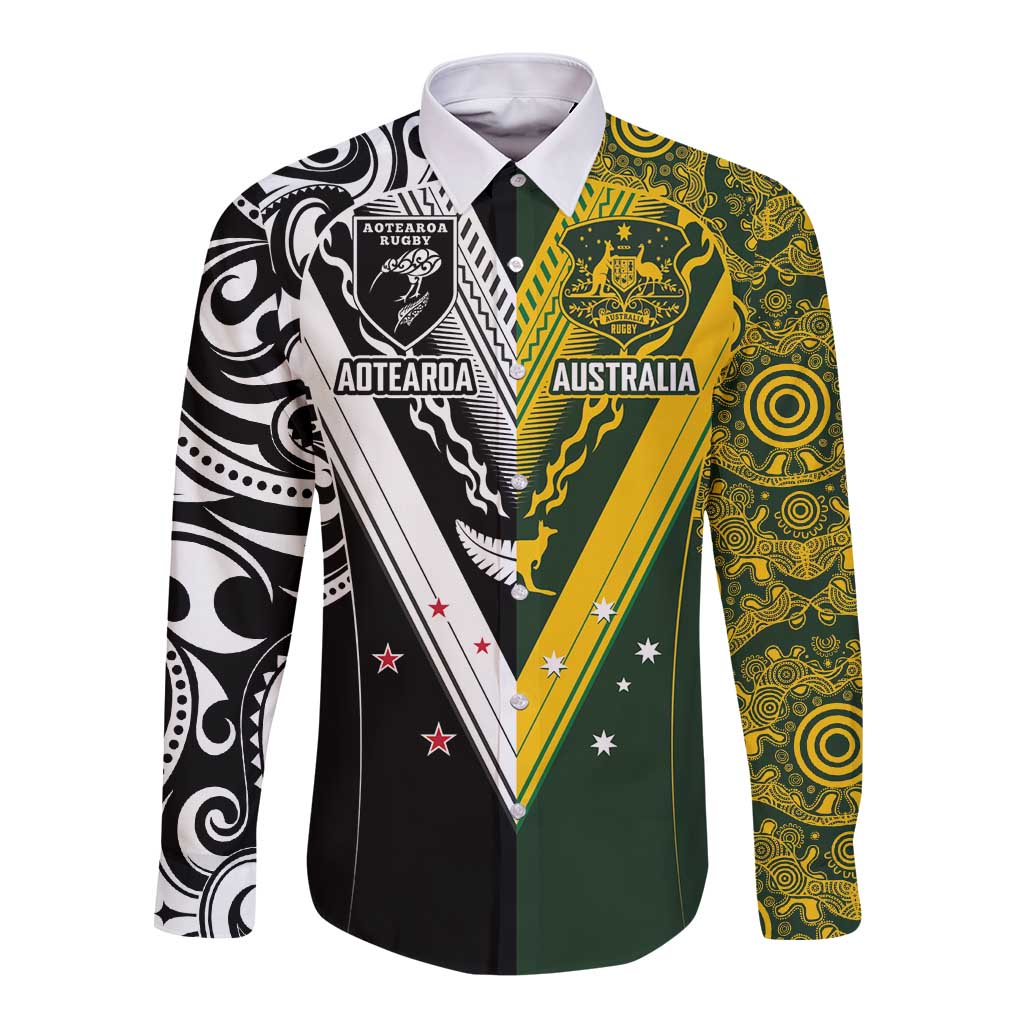 Aotearoa Australia Rugby Custom Long Sleeve Button Shirt Maori and Aboriginal Art Sporty Style - Polynesian Pride