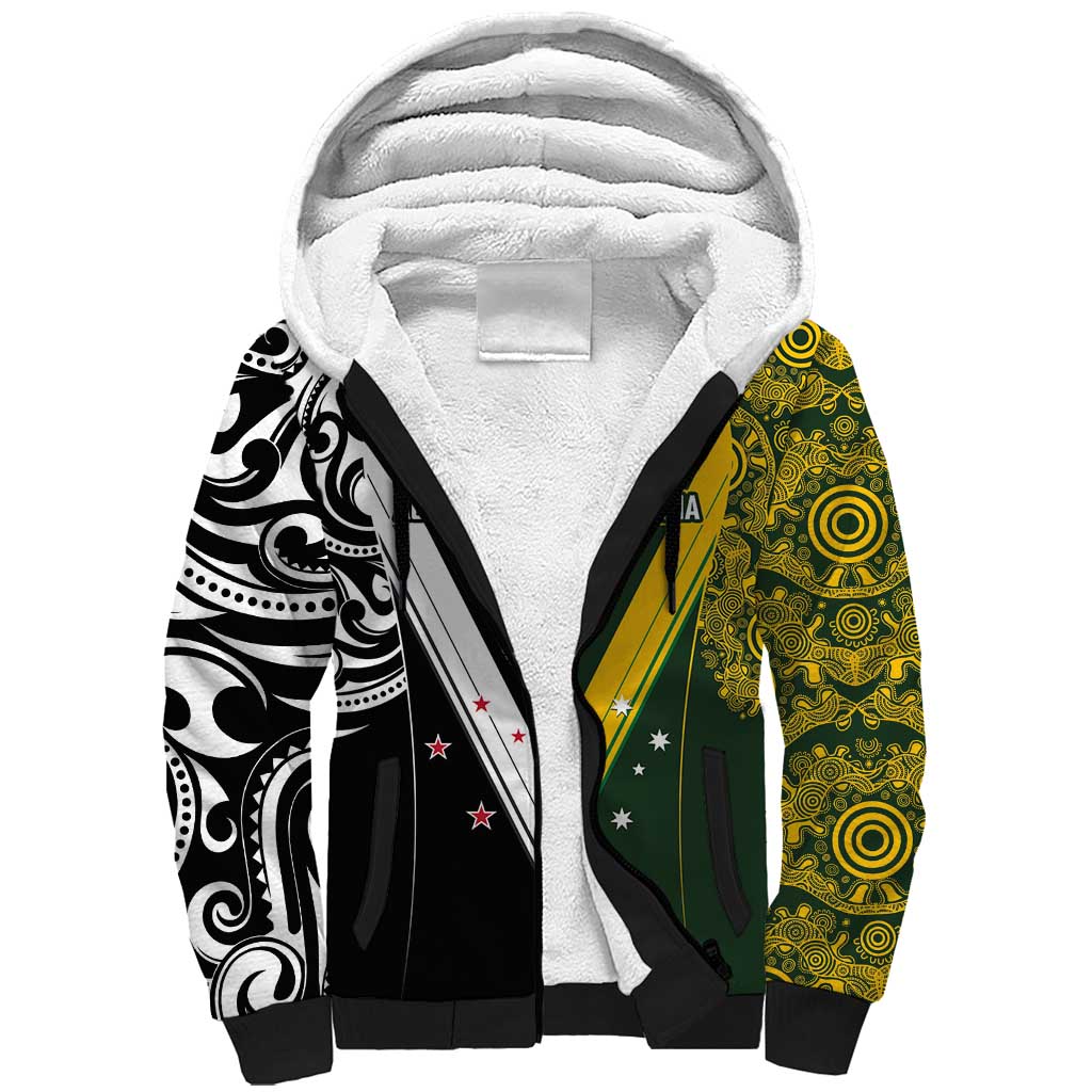 Aotearoa Australia Rugby Custom Sherpa Hoodie Maori and Aboriginal Art Sporty Style - Polynesian Pride