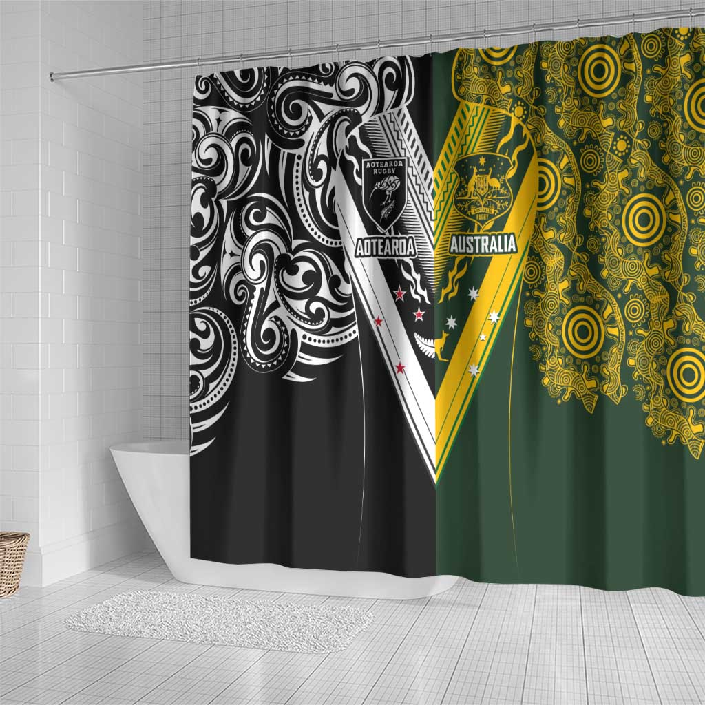 Aotearoa Australia Rugby Shower Curtain Maori and Aboriginal Art Sporty Style - Polynesian Pride