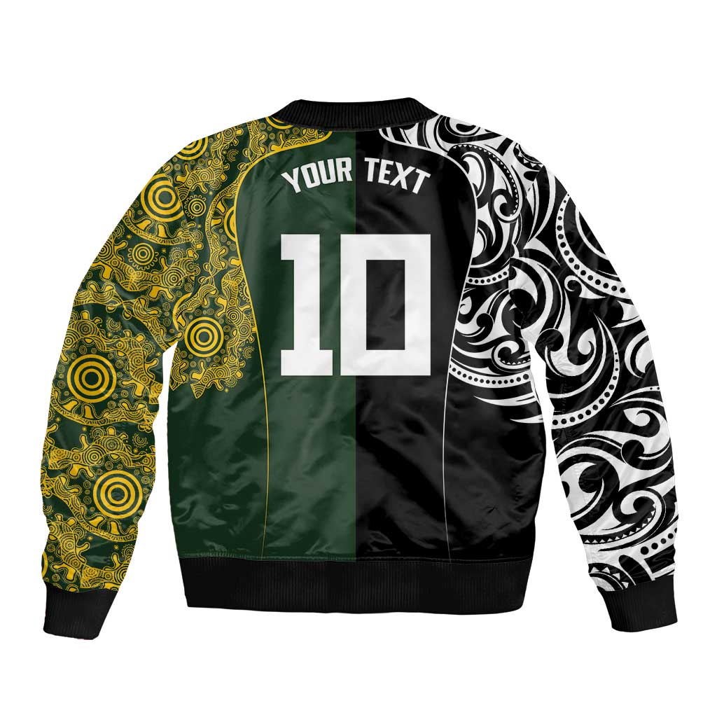 Aotearoa Australia Rugby Custom Sleeve Zip Bomber Jacket Maori and Aboriginal Art Sporty Style - Polynesian Pride