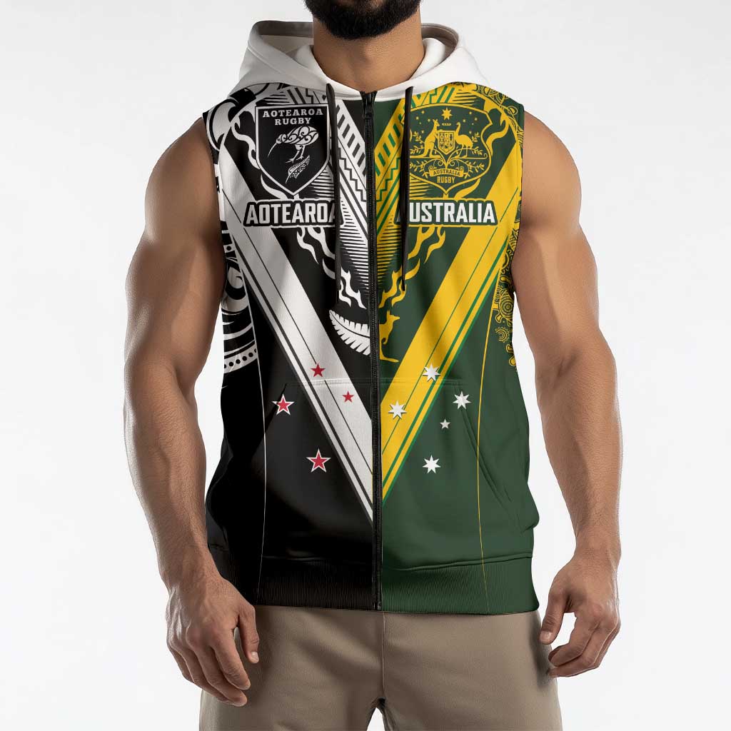 Aotearoa Australia Rugby Custom Sleeveless Zip Hoodie Maori and Aboriginal Art Sporty Style LT03 - Polynesian Pride