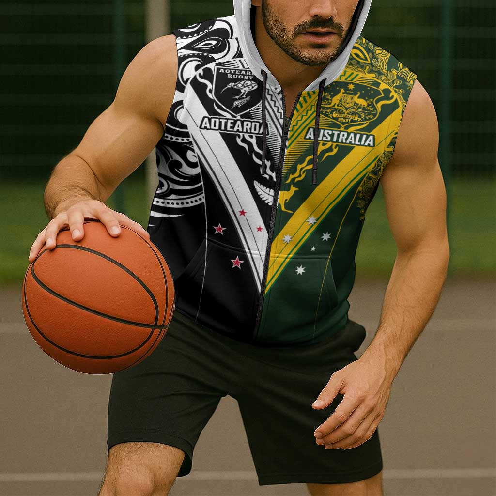 Aotearoa Australia Rugby Custom Sleeveless Zip Hoodie Maori and Aboriginal Art Sporty Style LT03 - Polynesian Pride