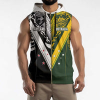 Aotearoa Australia Rugby Custom Sleeveless Zip Hoodie Maori and Aboriginal Art Sporty Style - Polynesian Pride
