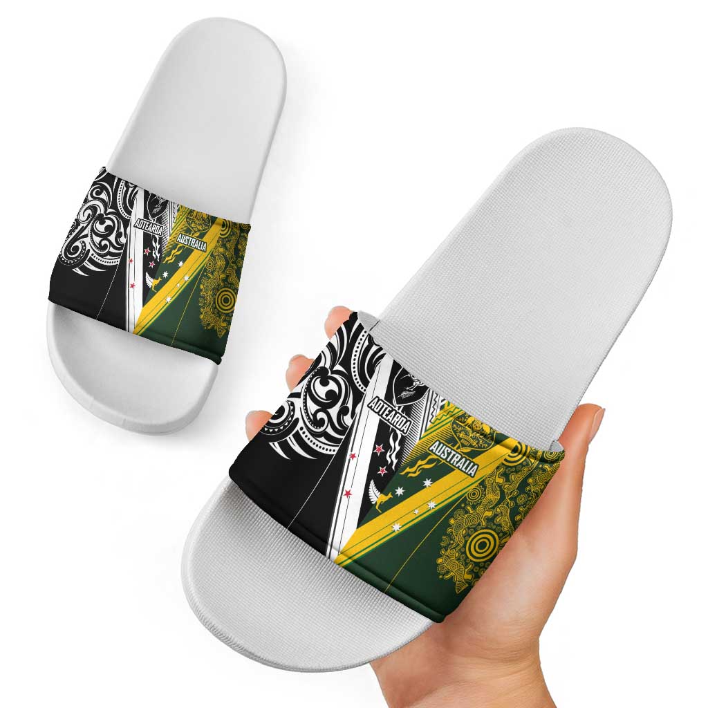 Aotearoa Australia Rugby Slide Sandals Maori and Aboriginal Art Sporty Style - Polynesian Pride