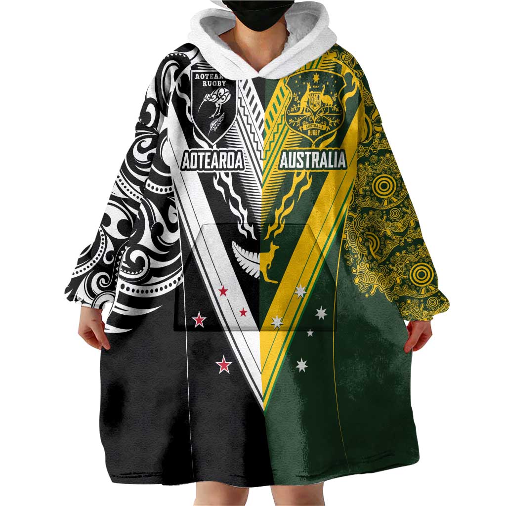 Aotearoa Australia Rugby Custom Wearable Blanket Hoodie Maori and Aboriginal Art Sporty Style - Polynesian Pride