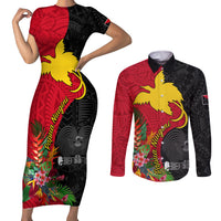 Papua New Guinea Couples Matching Short Sleeve Bodycon Dress and Long Sleeve Button Shirts Birds Of Paradise Mix Tropical Flower Polynesian Pattern LT03 Red - Polynesian Pride