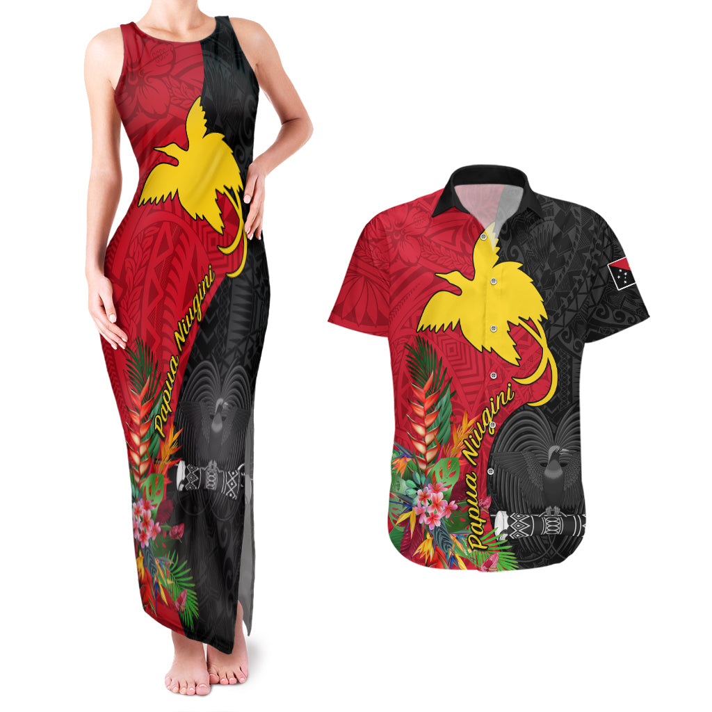 Papua New Guinea Couples Matching Tank Maxi Dress and Hawaiian Shirt Birds Of Paradise Mix Tropical Flower Polynesian Pattern LT03 Red - Polynesian Pride
