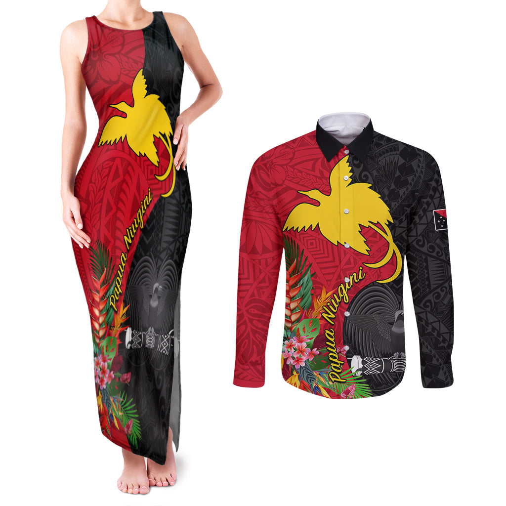 Papua New Guinea Couples Matching Tank Maxi Dress and Long Sleeve Button Shirts Birds Of Paradise Mix Tropical Flower Polynesian Pattern LT03 Red - Polynesian Pride